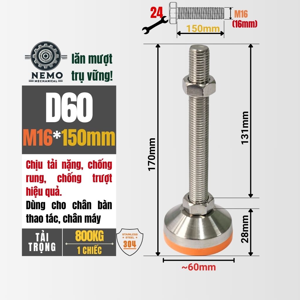 Chân Tăng Chỉnh Inox 304 Ren M16 – Đế Bát Dày Chịu Tải Siêu Nặng 800kg, Chống Ăn Mòn Tuyệt Đối